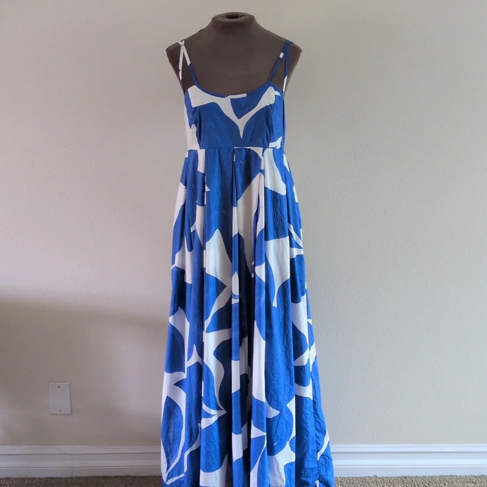 ANTHROPOLOGIE Dress MED Printed Babydoll Smock Maxi Blue White Abstract Strappy - Picture 4 of 11